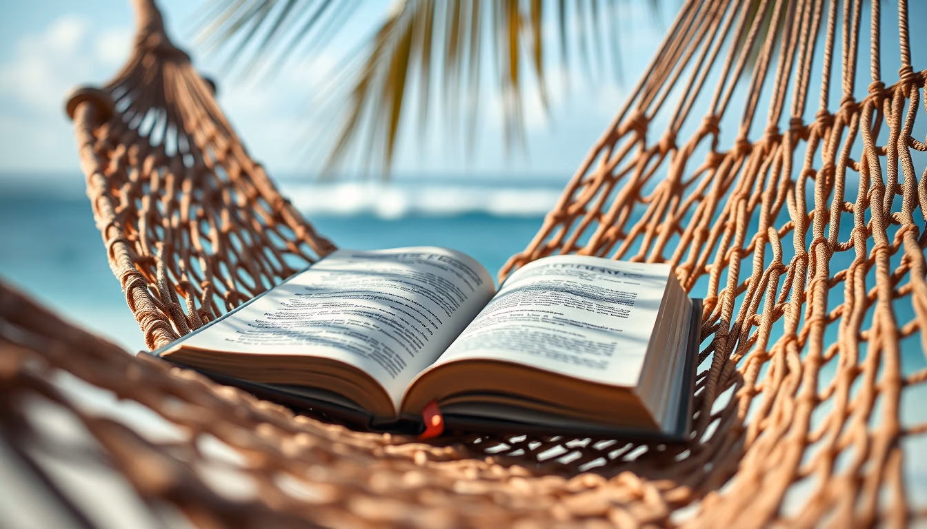 hammock with book ocean in editorial style