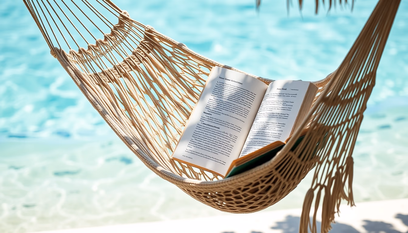 hammock with book ocean in editorial style