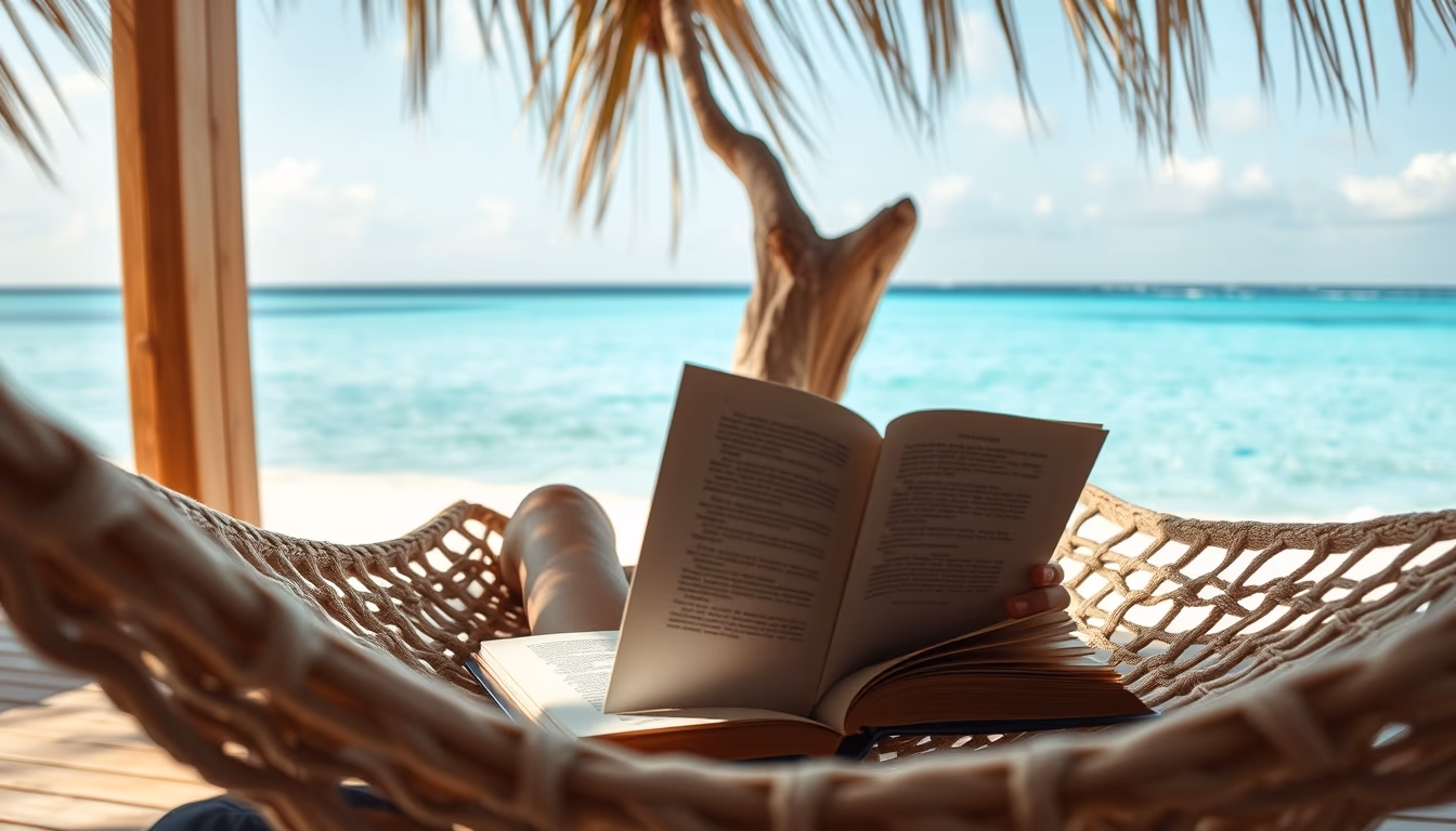 hammock with book ocean in editorial style