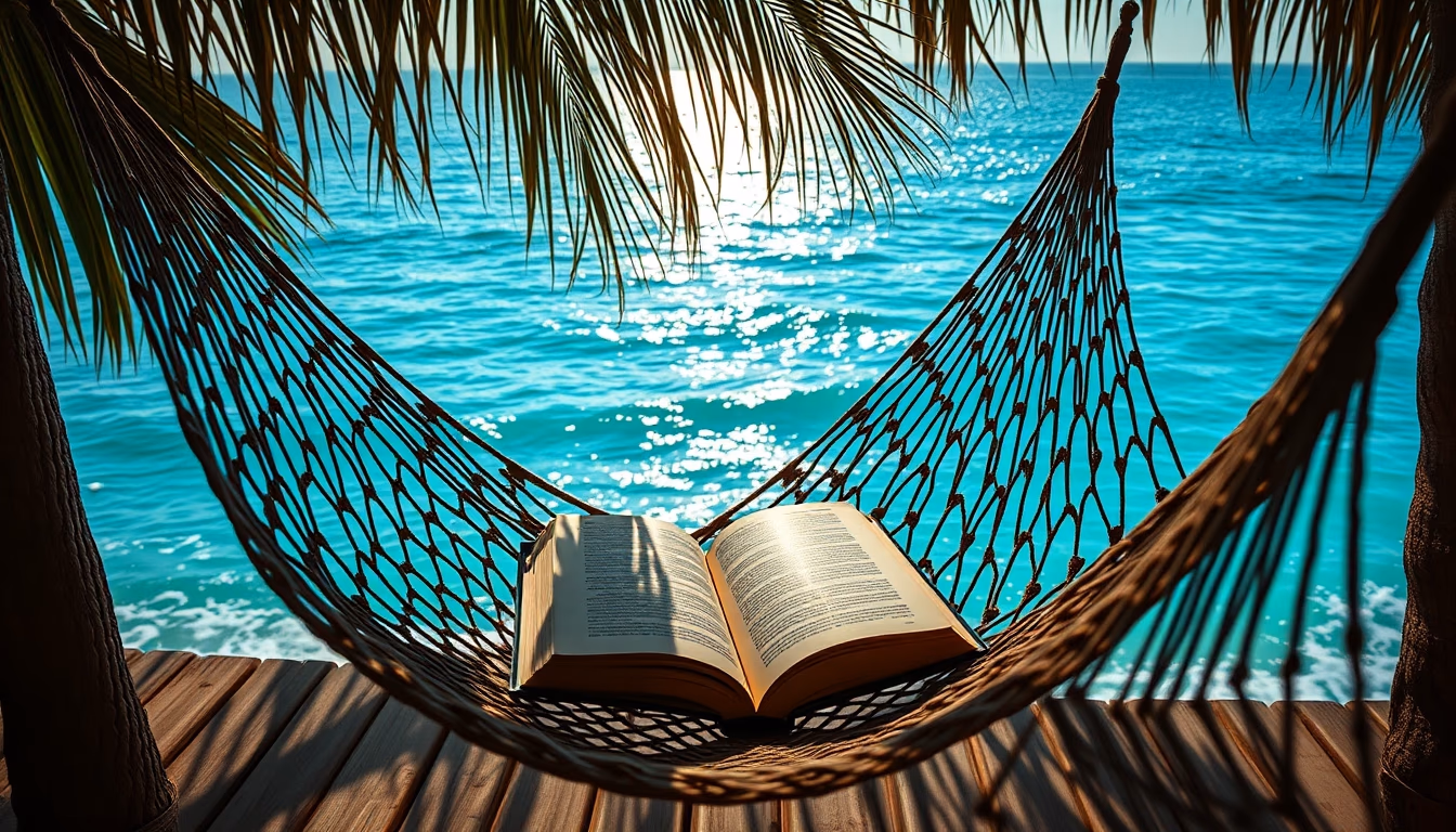 hammock with book ocean in editorial style
