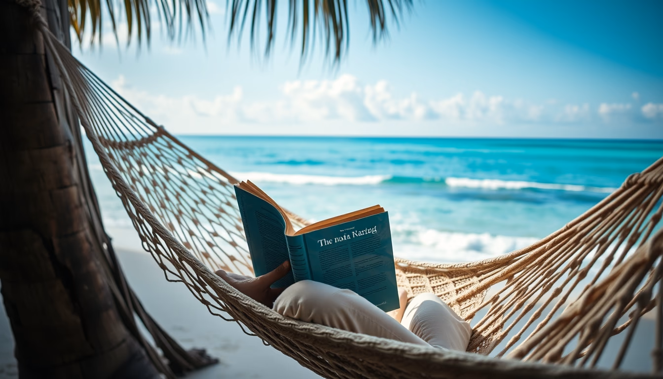 hammock with book ocean in editorial style