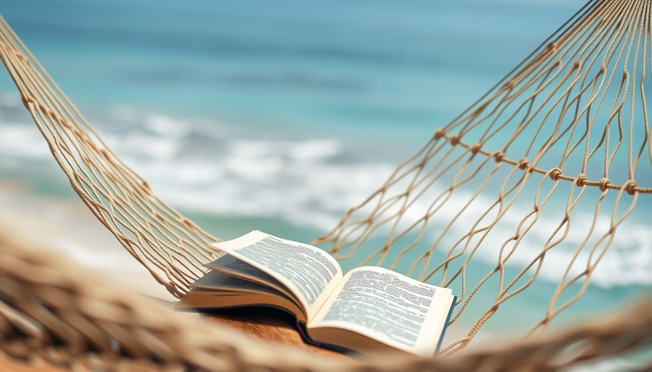 hammock with book ocean in editorial style