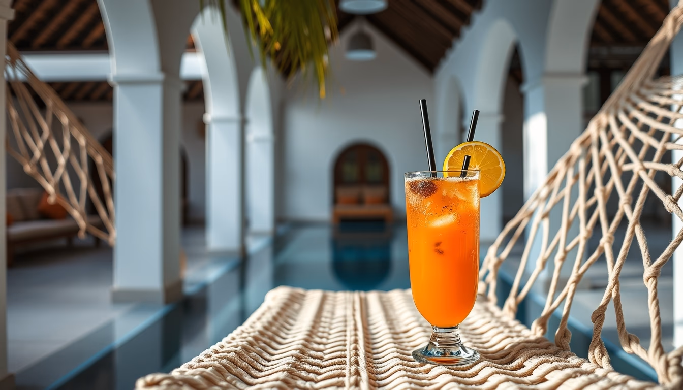 hammock with tropical drink in editorial style