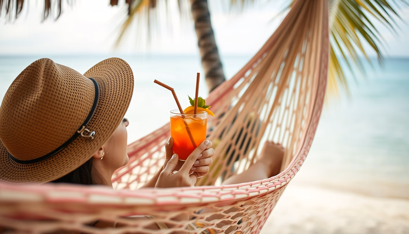 hammock with tropical drink in editorial style