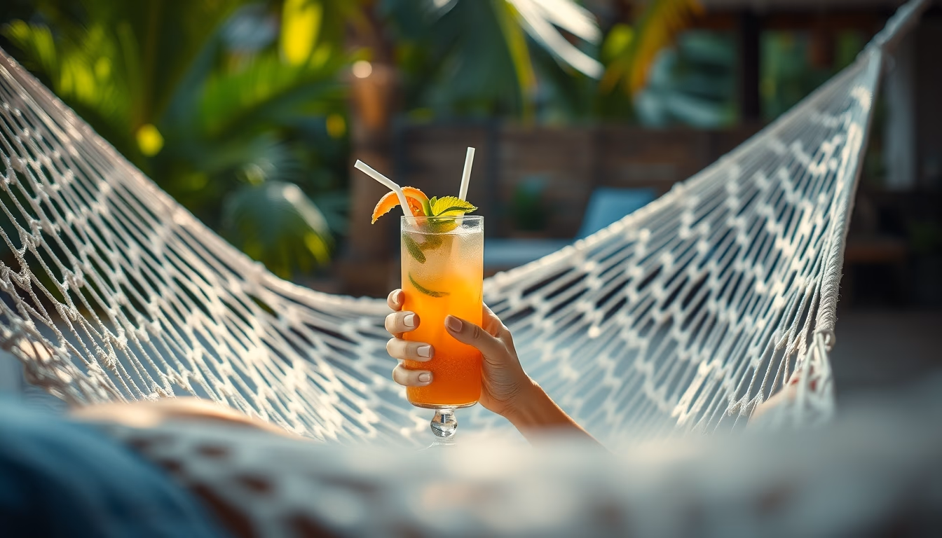 hammock with tropical drink in editorial style