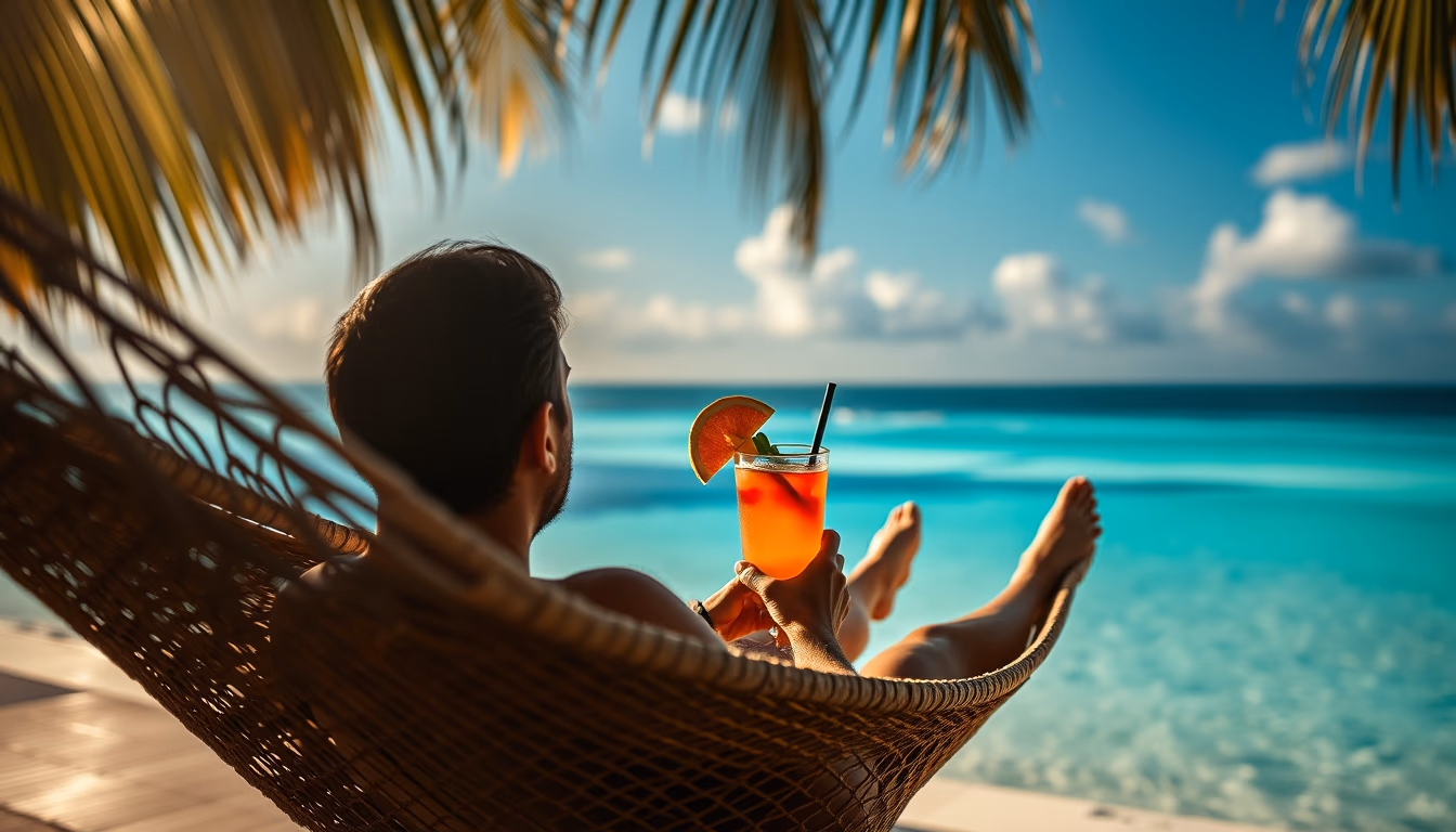 hammock with tropical drink in editorial style