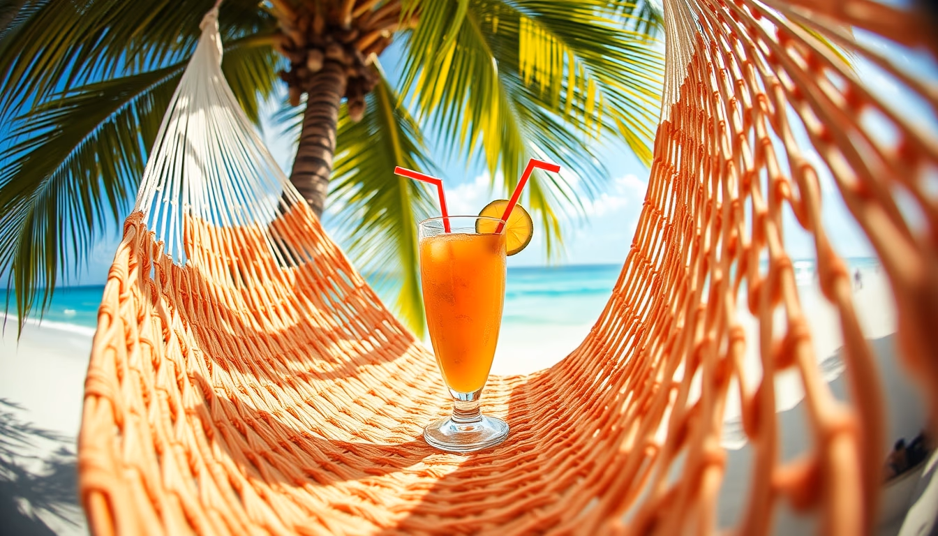 hammock with tropical drink in editorial style