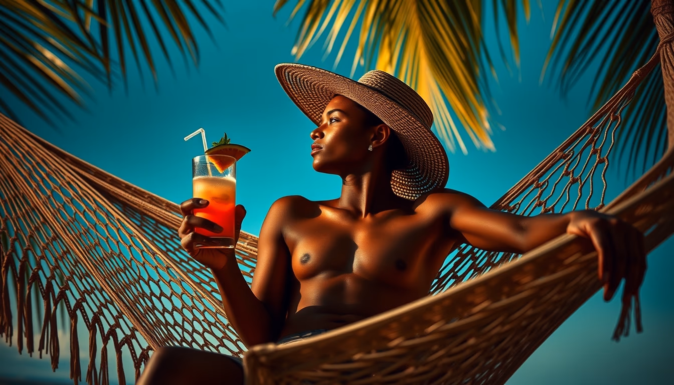 hammock with tropical drink in editorial style