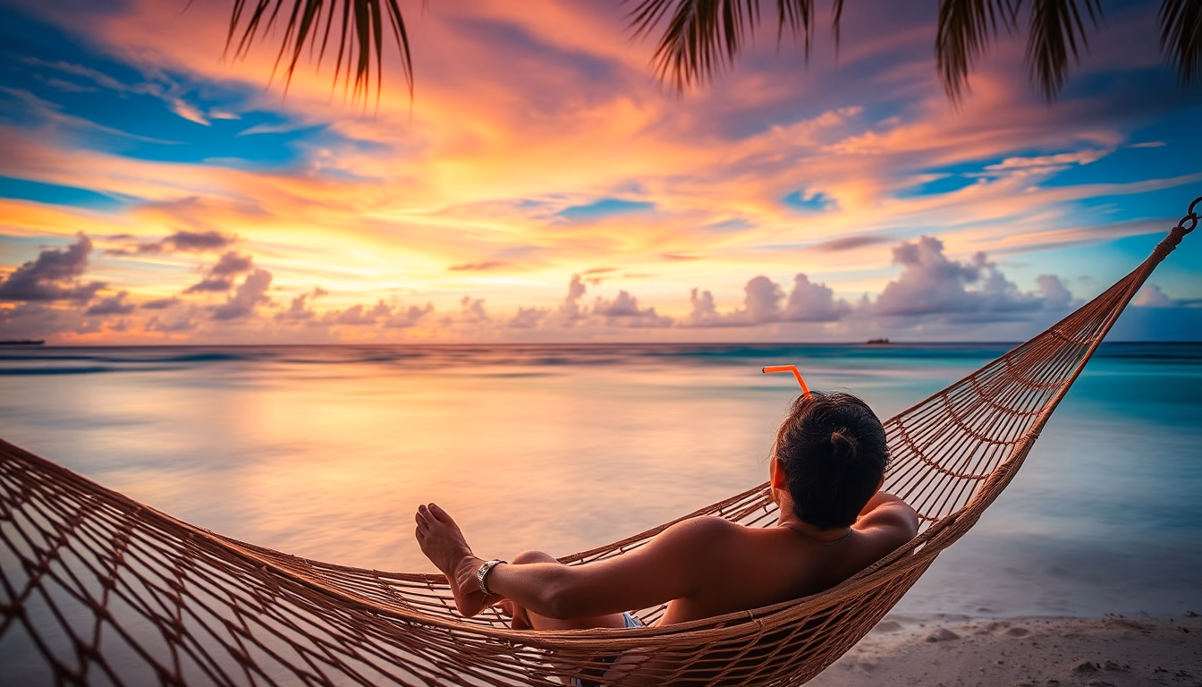 hammock with tropical drink in editorial style