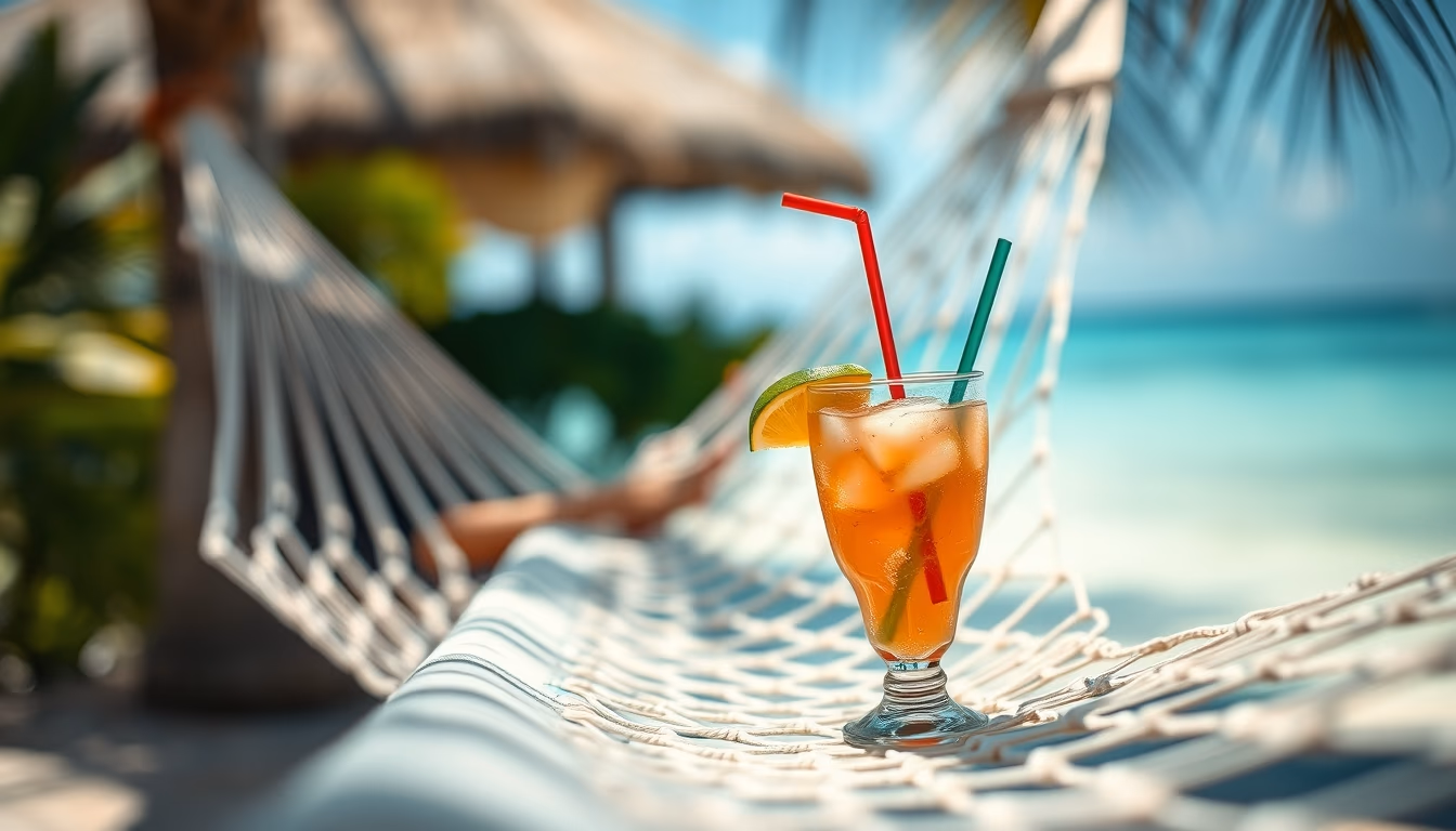 hammock with tropical drink in editorial style