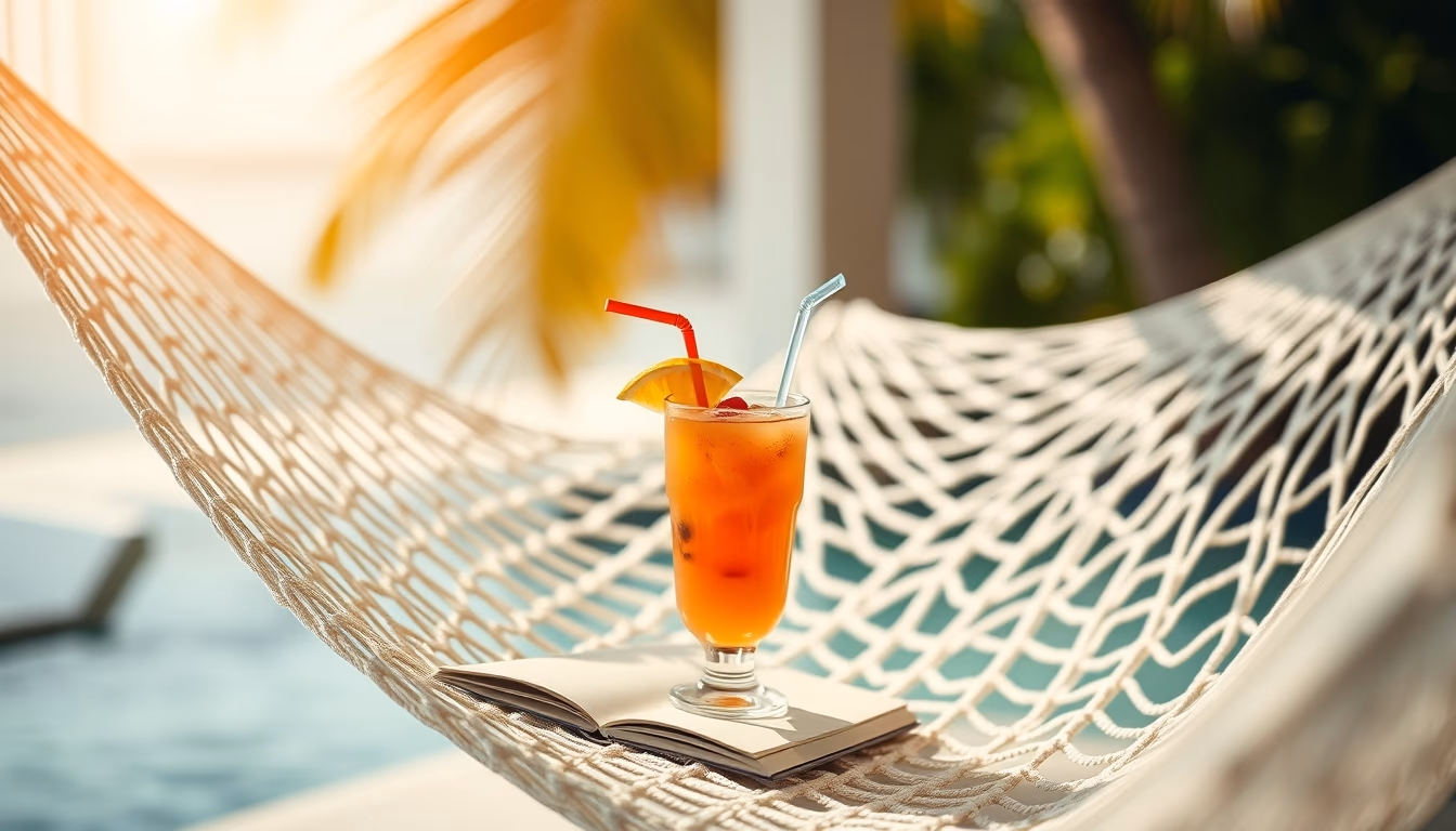 hammock with tropical drink in editorial style