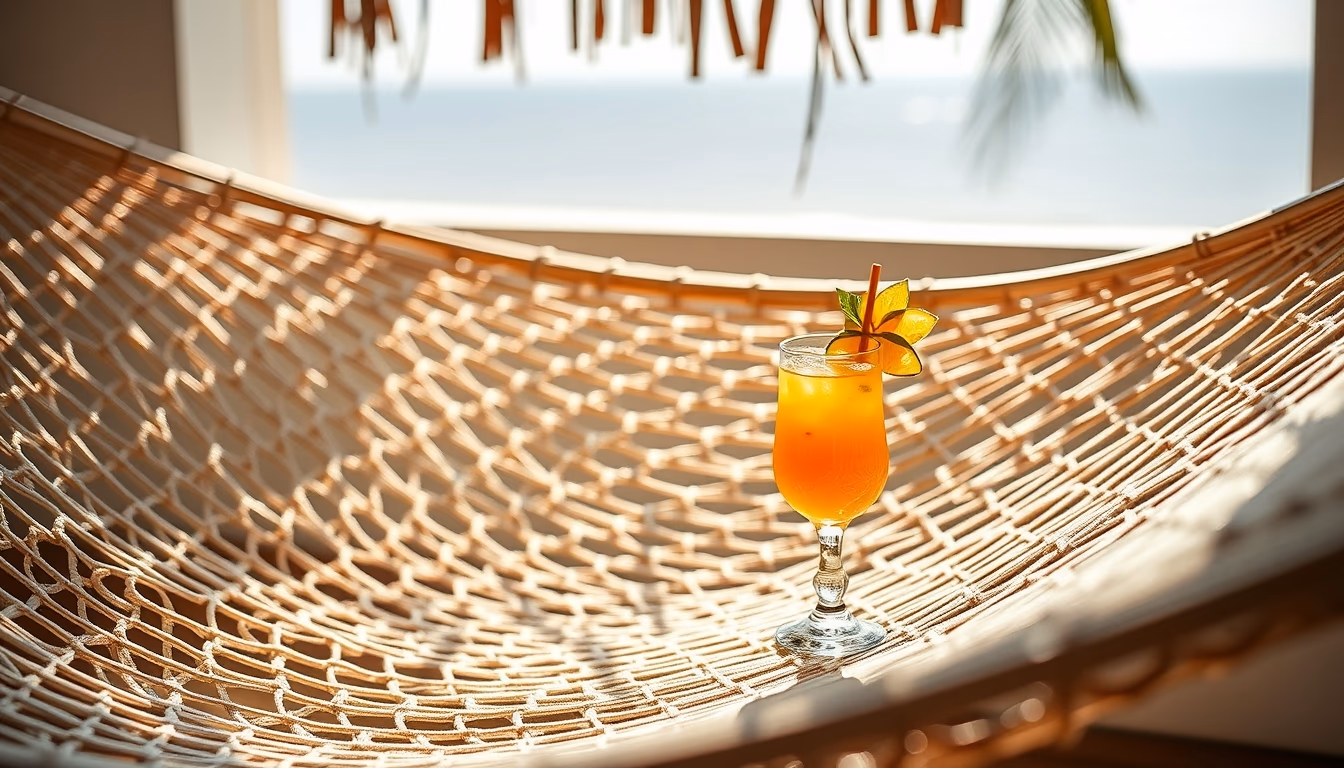 hammock with tropical drink in editorial style