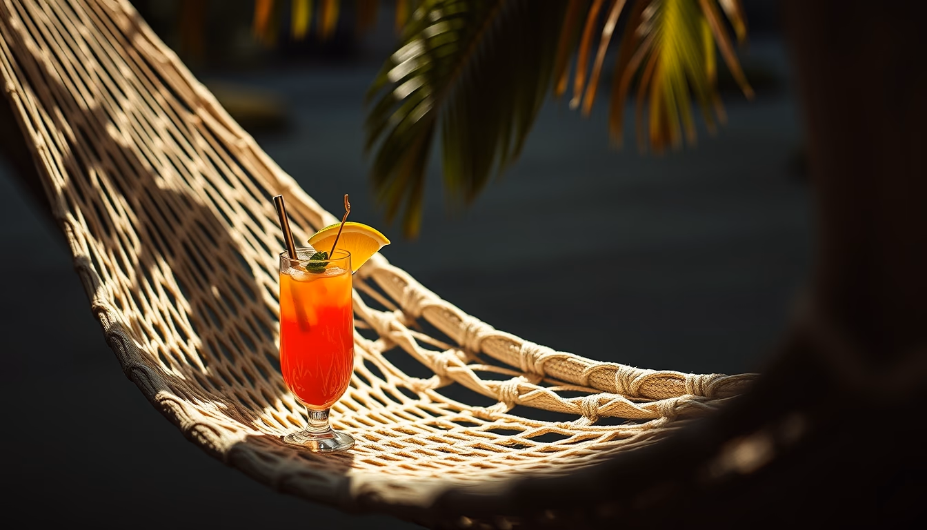 hammock with tropical drink in editorial style