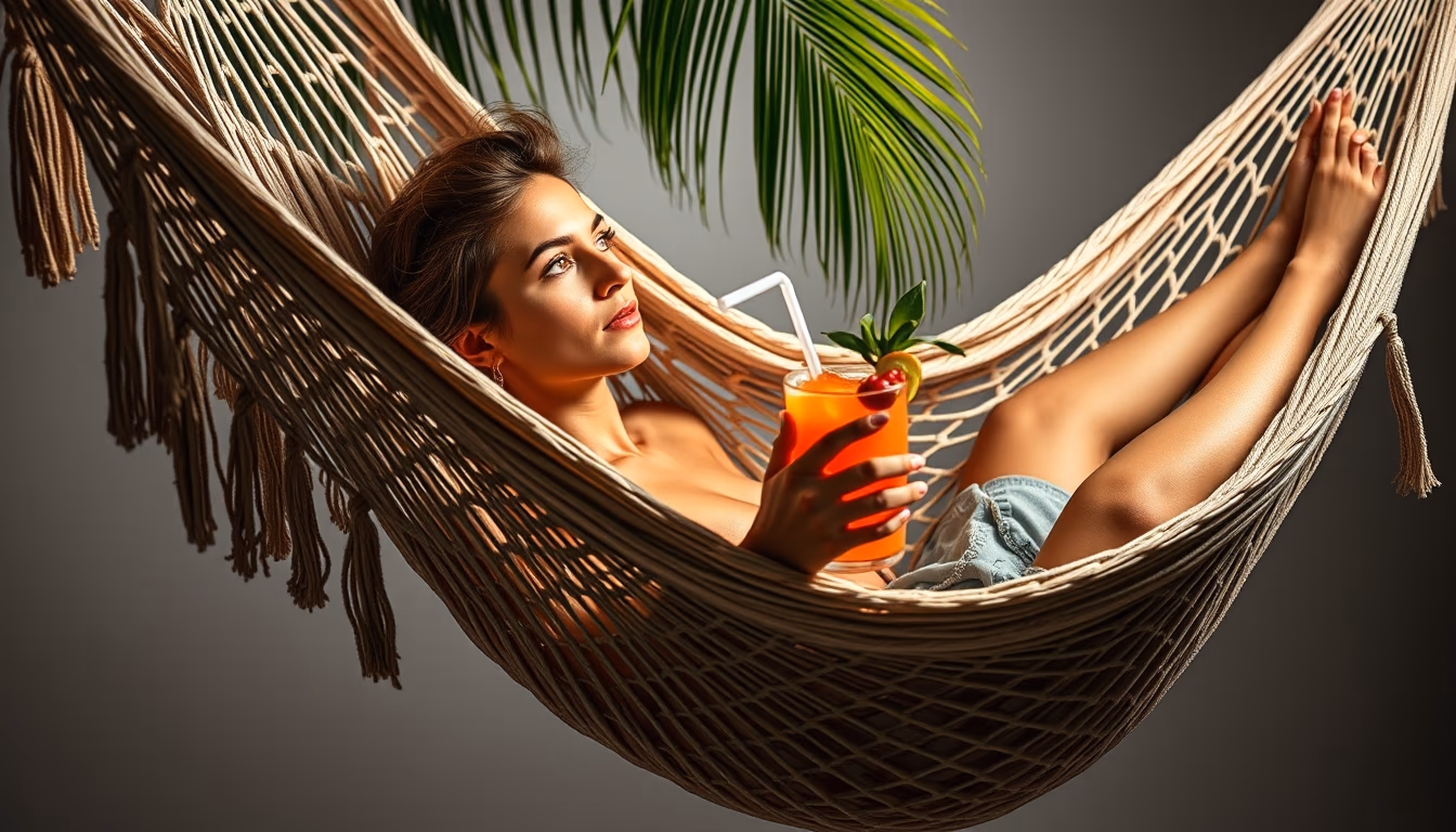 hammock with tropical drink in editorial style