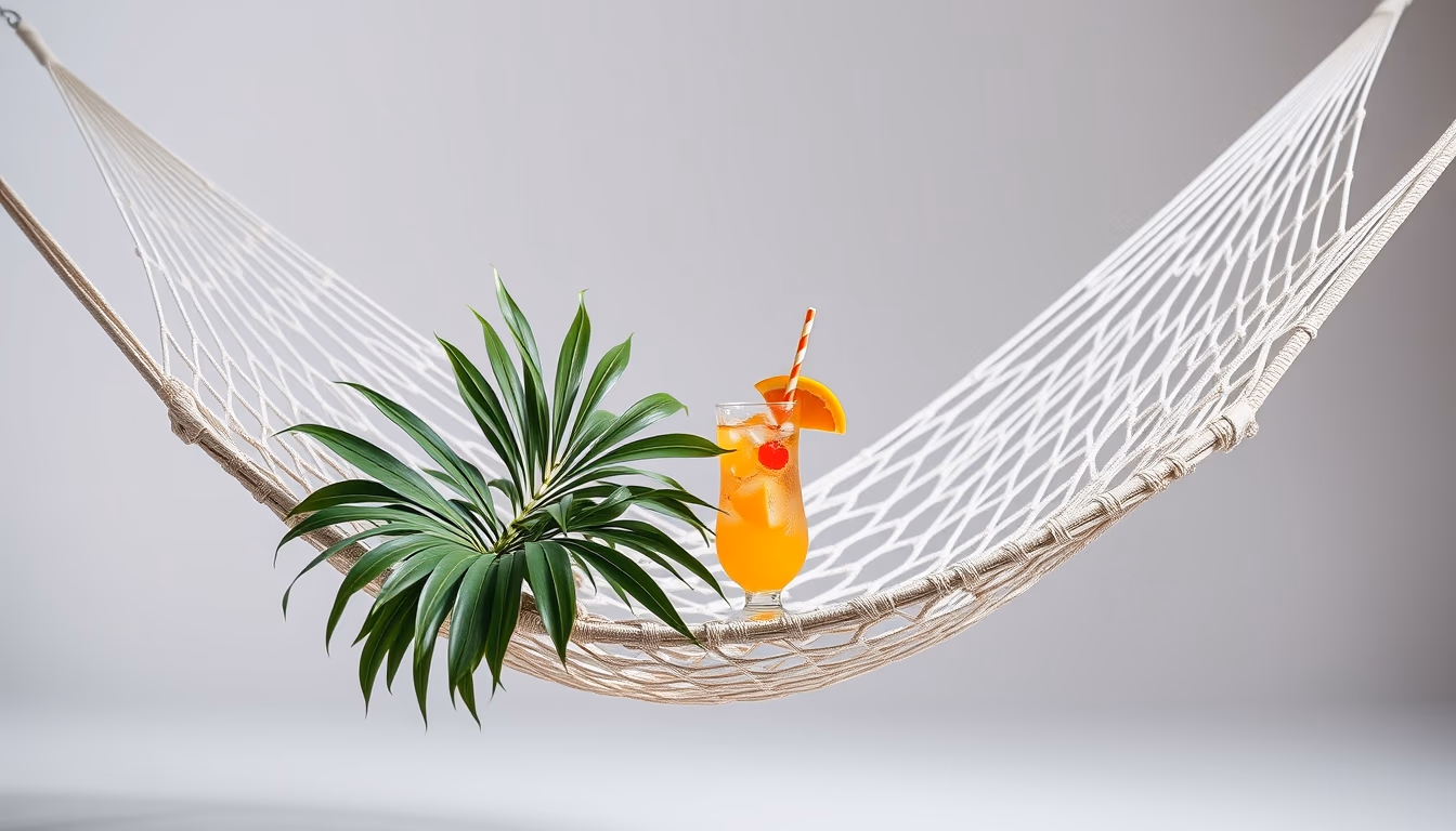 hammock with tropical drink in editorial style