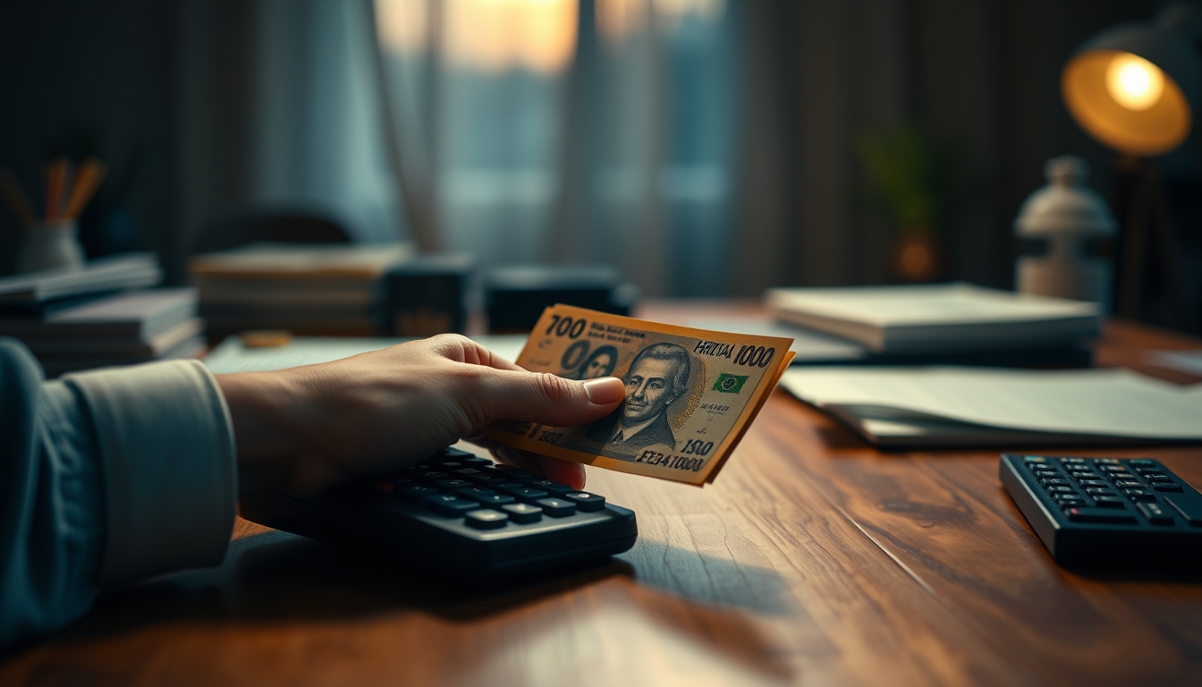 hand counting Brazilian Real on a wooden desk with calculator in editorial style