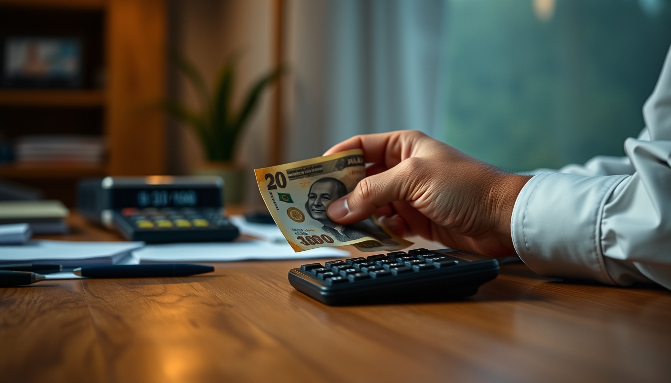 Hand counting Brazilian Real on a wooden desk with calculator em estilo editorial