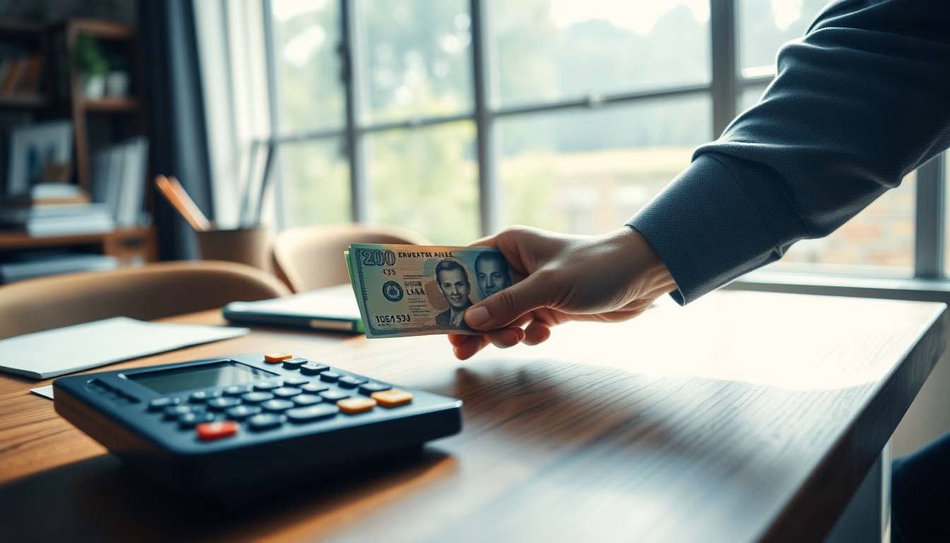 Hand counting Brazilian Real on a wooden desk with calculator em estilo editorial