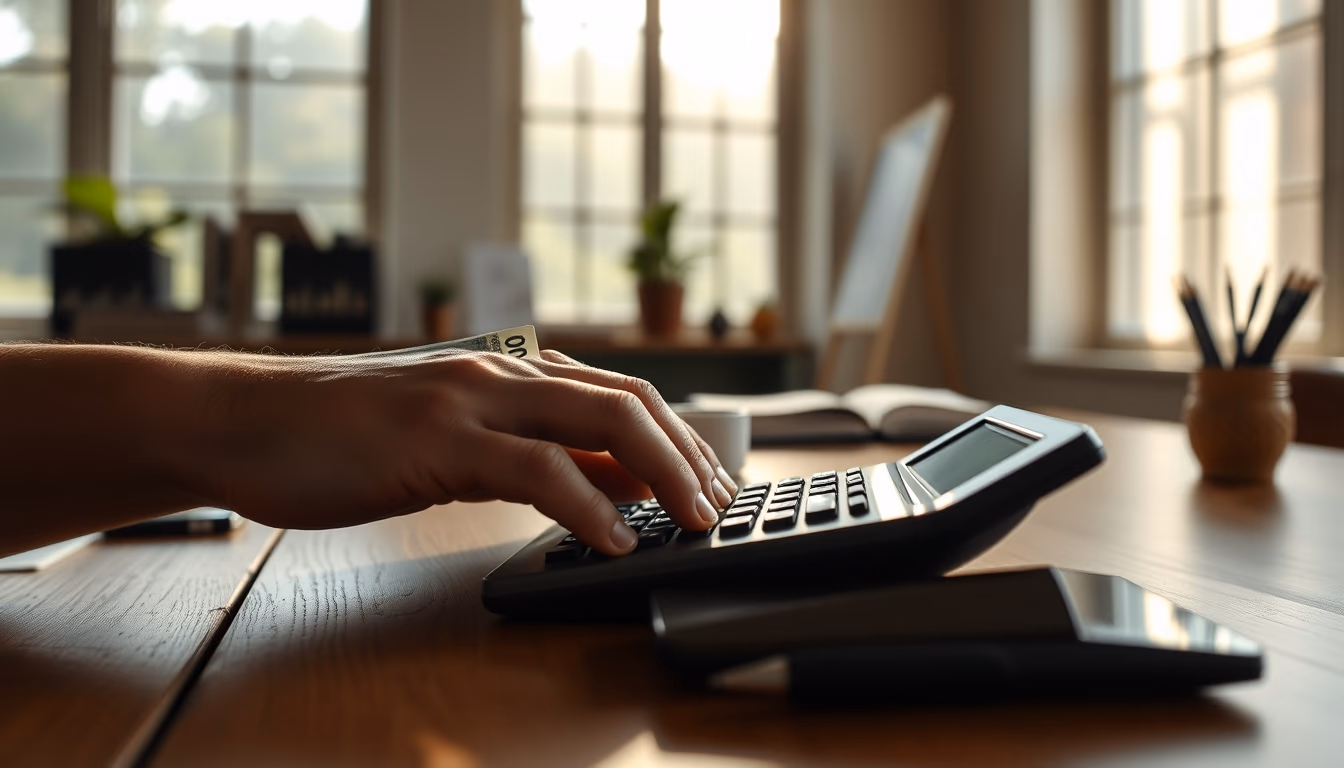 Hand counting Brazilian Real on a wooden desk with calculator em estilo editorial