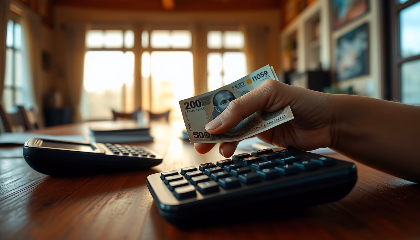 hand counting Brazilian Real on a wooden desk with calculator in editorial style