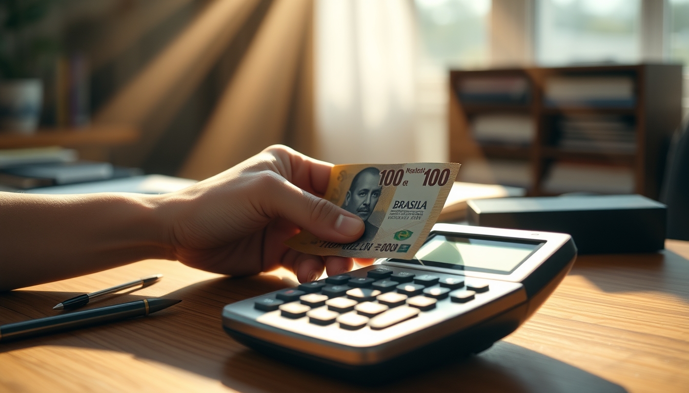 hand counting Brazilian Real on a wooden desk with calculator in editorial style