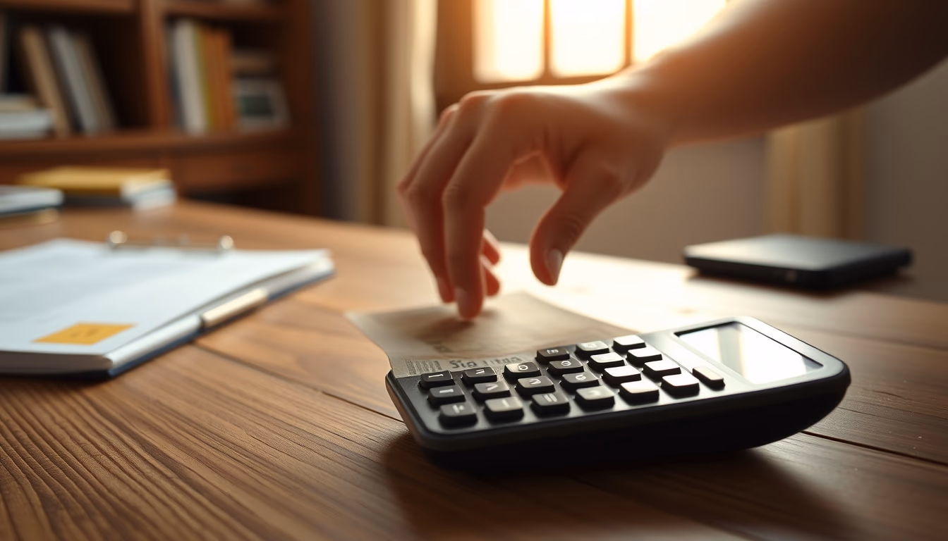 hand counting Brazilian Real on a wooden desk with calculator in editorial style