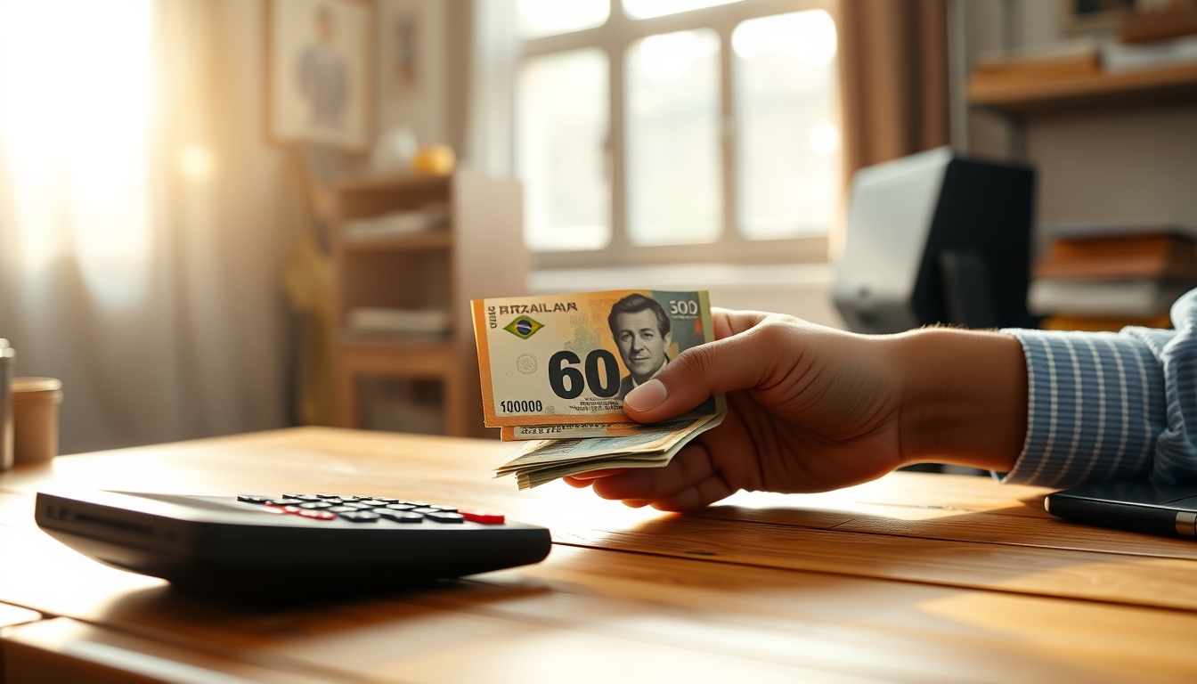 hand counting Brazilian Real on a wooden desk with calculator in editorial style