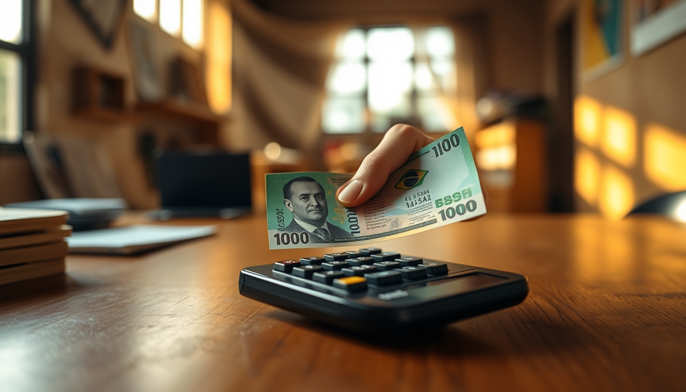 Hand counting Brazilian Real on a wooden desk with calculator em estilo editorial