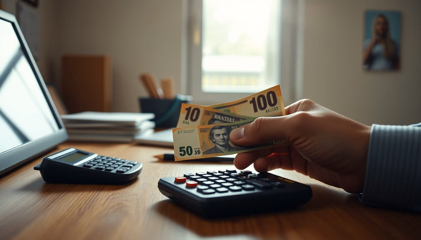 Hand counting Brazilian Real on a wooden desk with calculator em estilo editorial