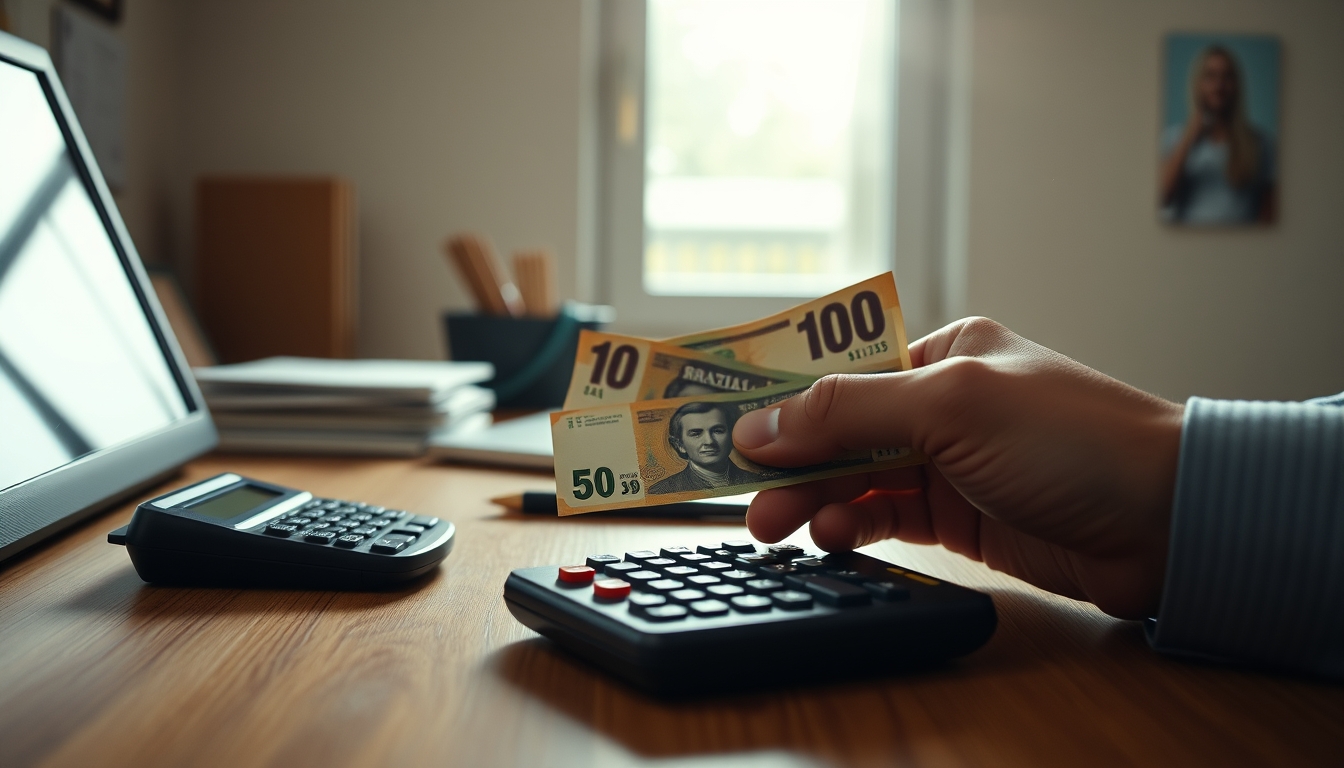 hand counting Brazilian Real on a wooden desk with calculator in editorial style
