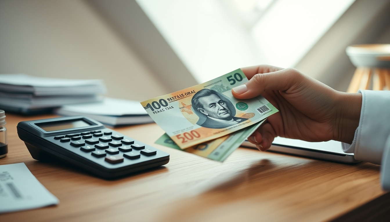 Hand counting Brazilian Real on a wooden desk with calculator em estilo editorial