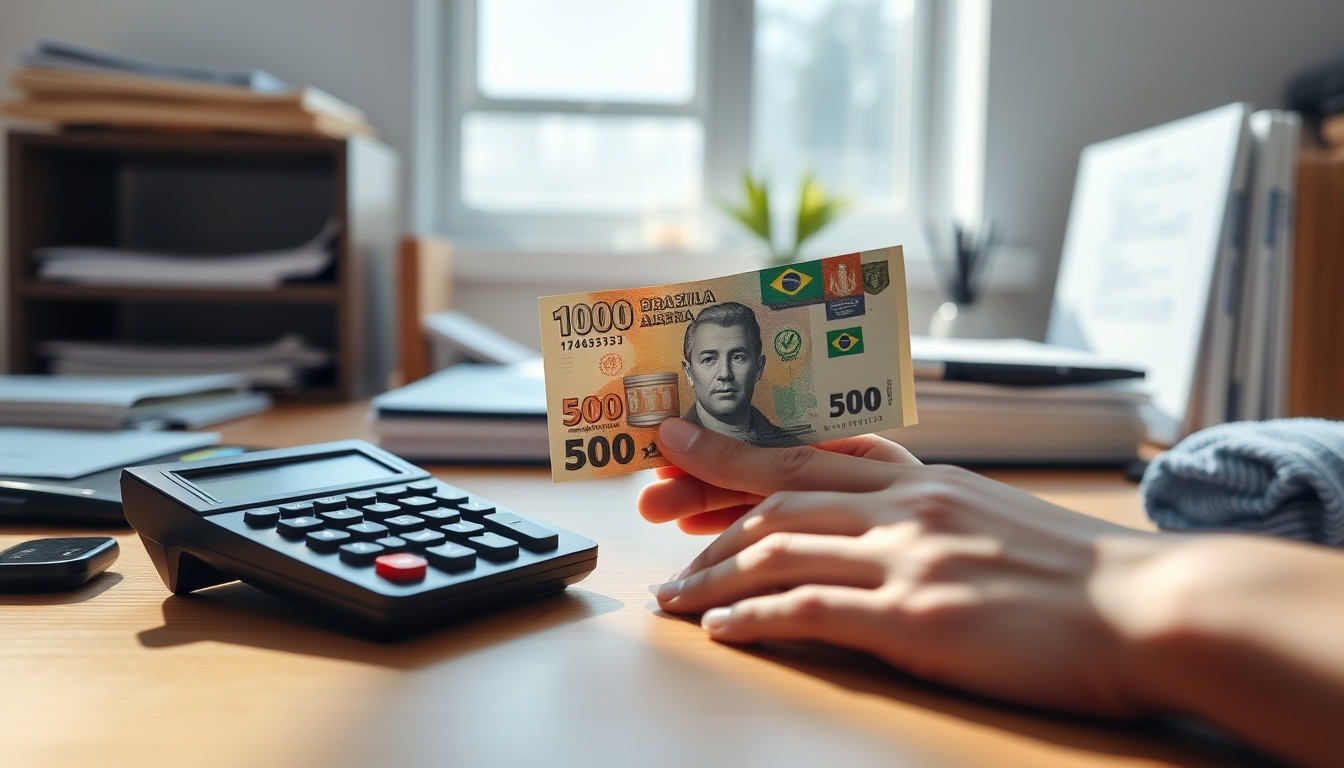 hand counting Brazilian Real on a wooden desk with calculator in editorial style
