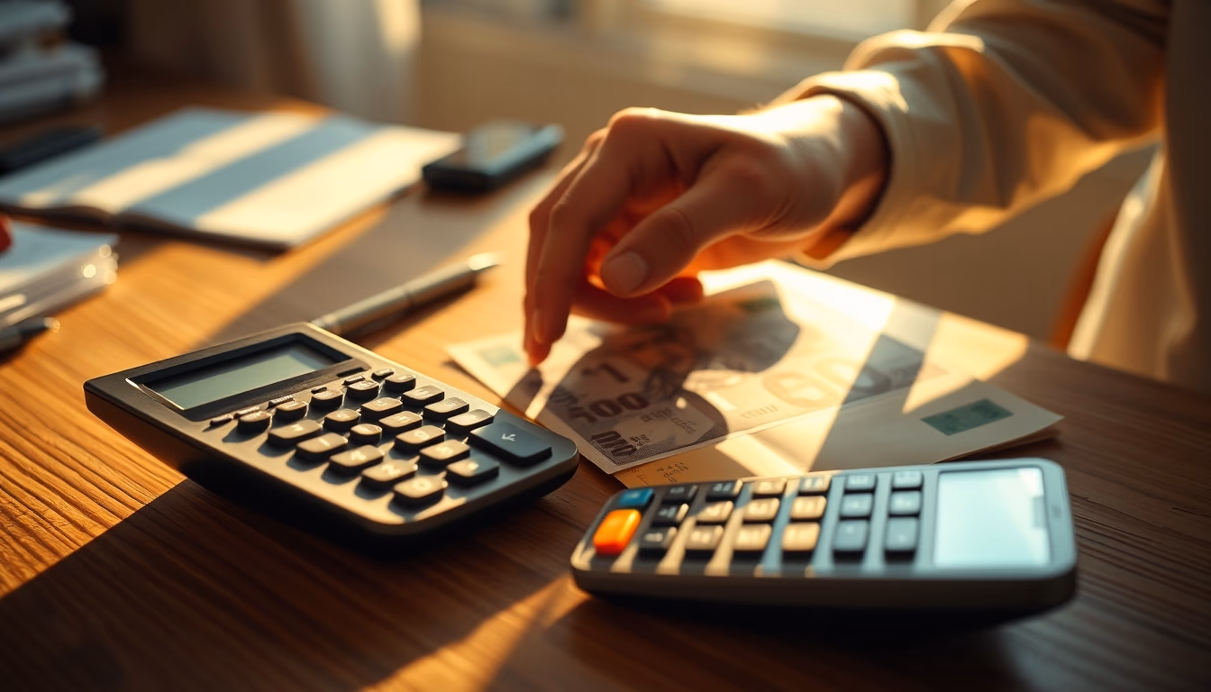 Hand counting Brazilian Real on a wooden desk with calculator em estilo editorial