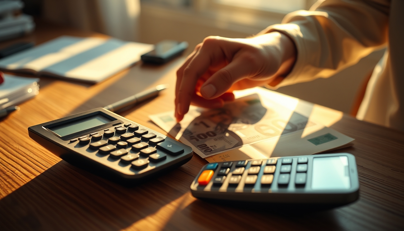 hand counting Brazilian Real on a wooden desk with calculator in editorial style