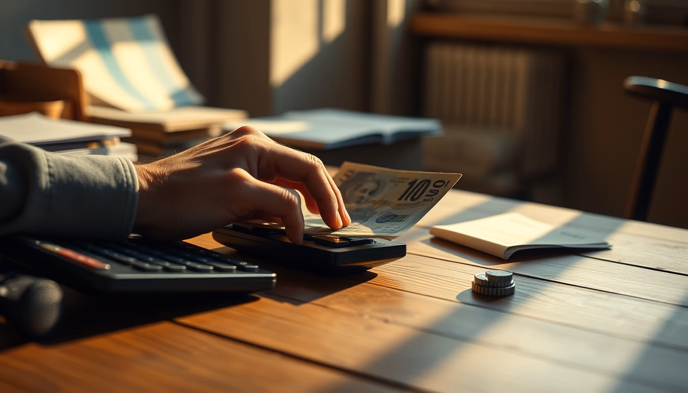 hand counting Brazilian Real on a wooden desk with calculator in editorial style