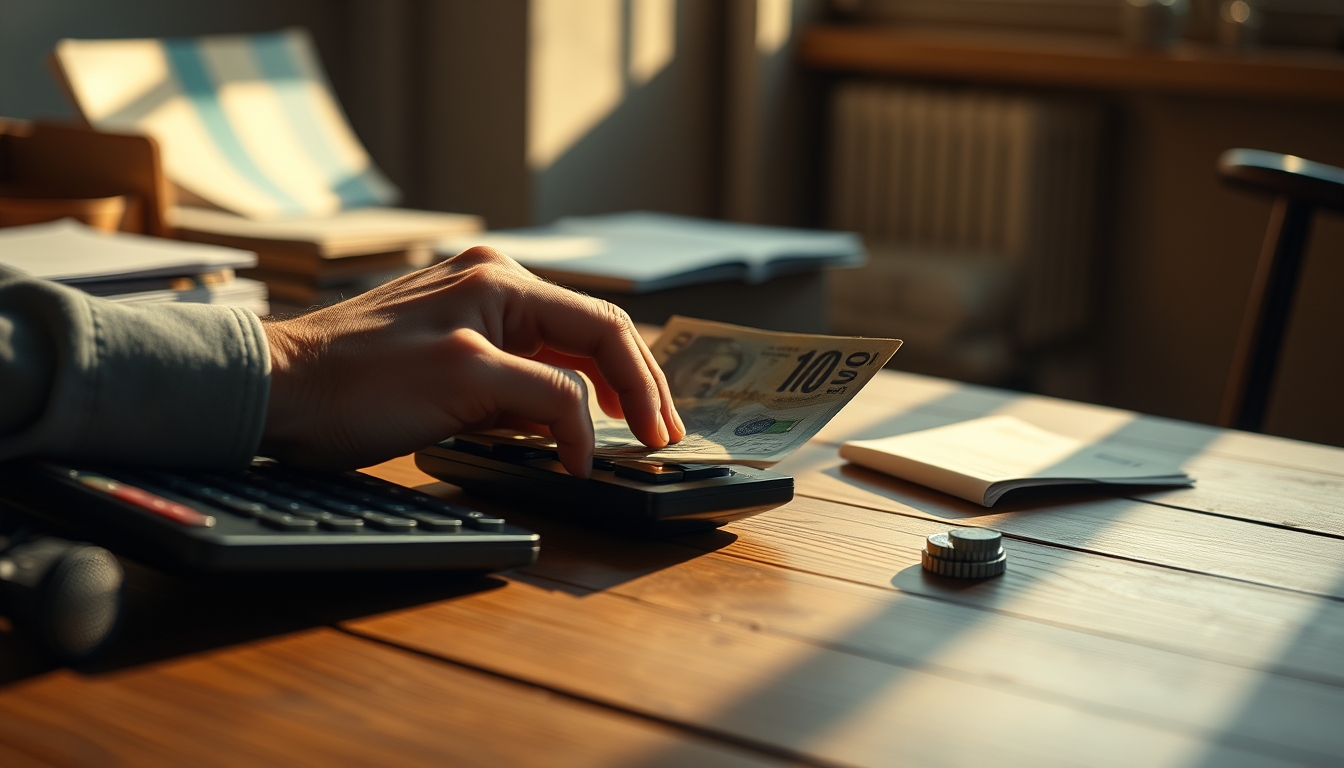 hand counting Brazilian Real on a wooden desk with calculator in editorial style