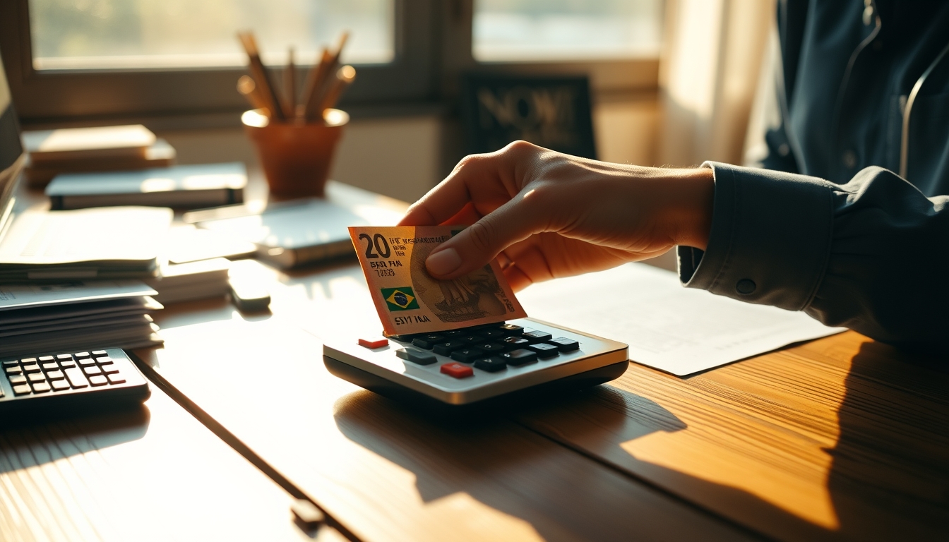 Hand counting Brazilian Real on a wooden desk with calculator em estilo editorial