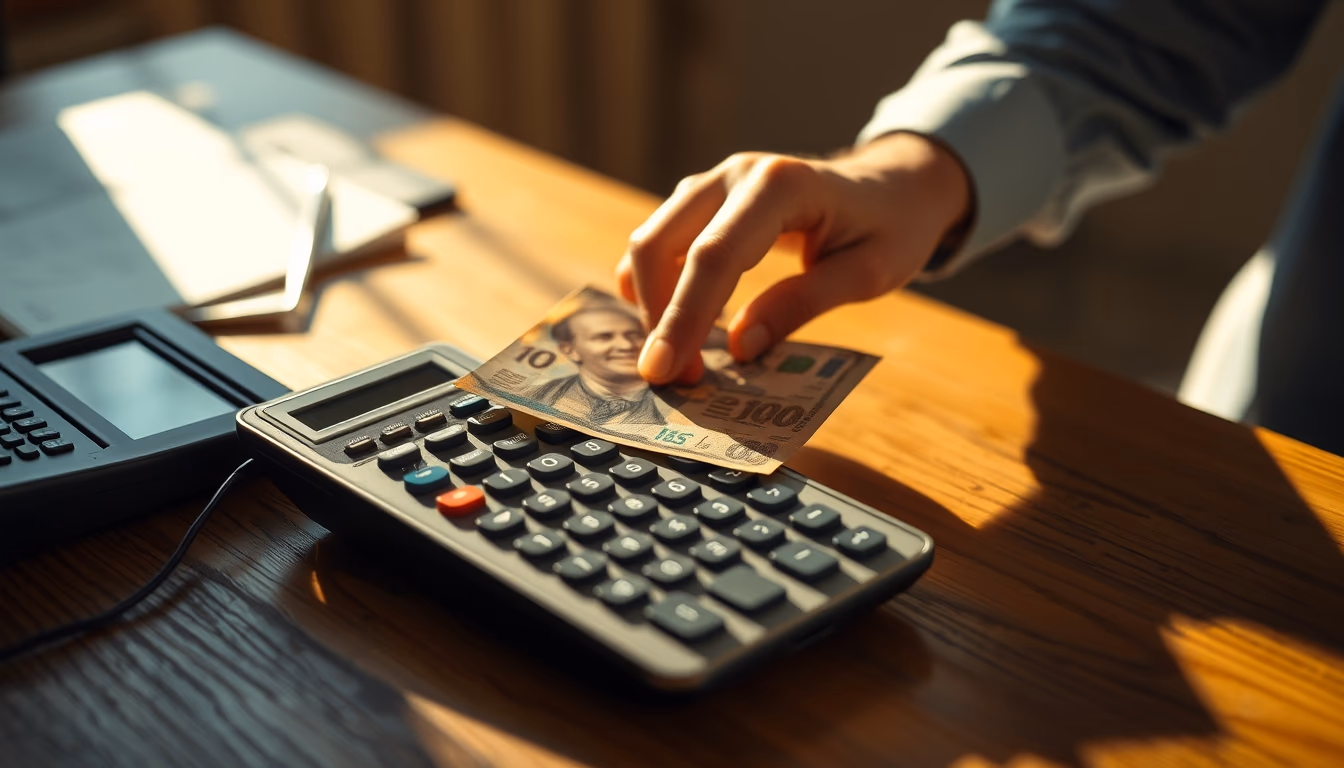 Hand counting Brazilian Real on a wooden desk with calculator em estilo editorial