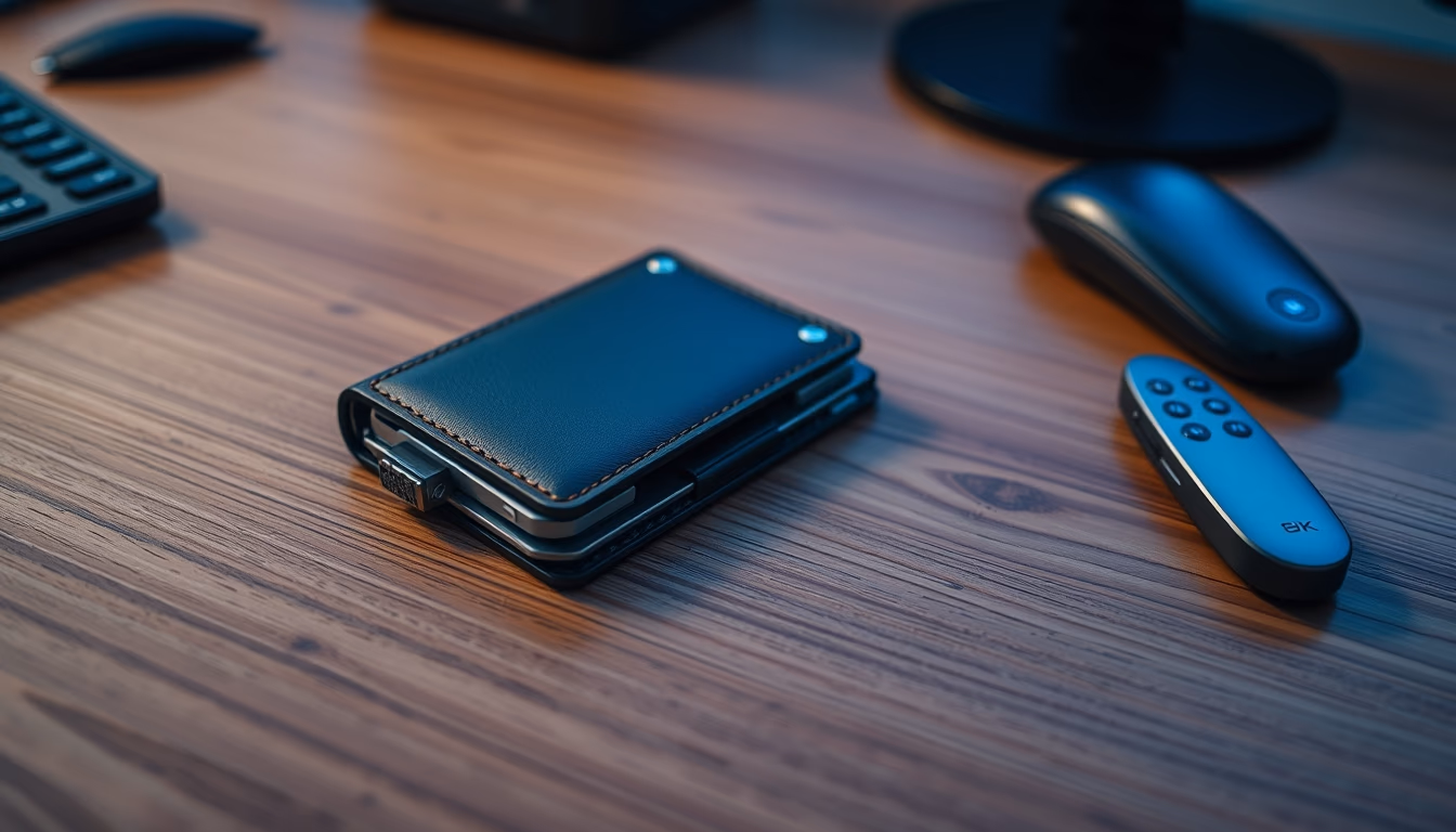 hardware wallet on wooden desk closeup in editorial style