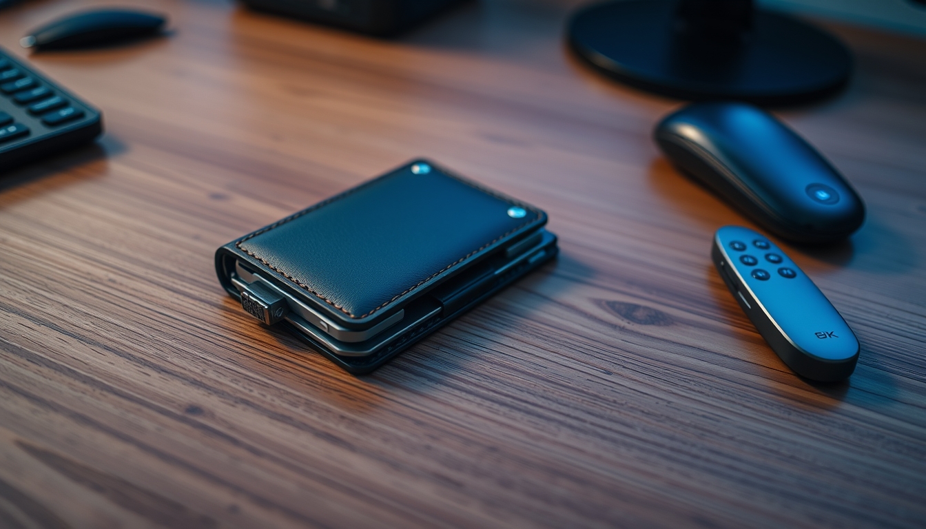 hardware wallet on wooden desk closeup in editorial style