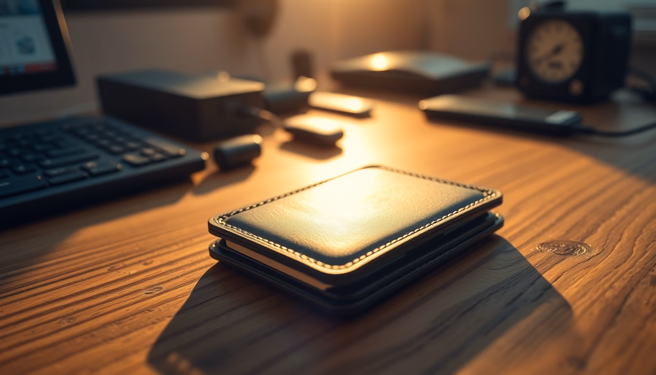 hardware wallet on wooden desk closeup in editorial style
