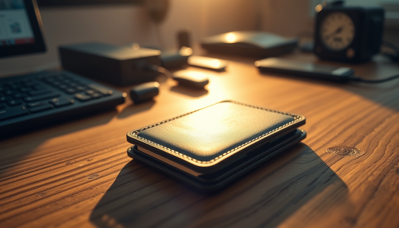 hardware wallet on wooden desk closeup in editorial style