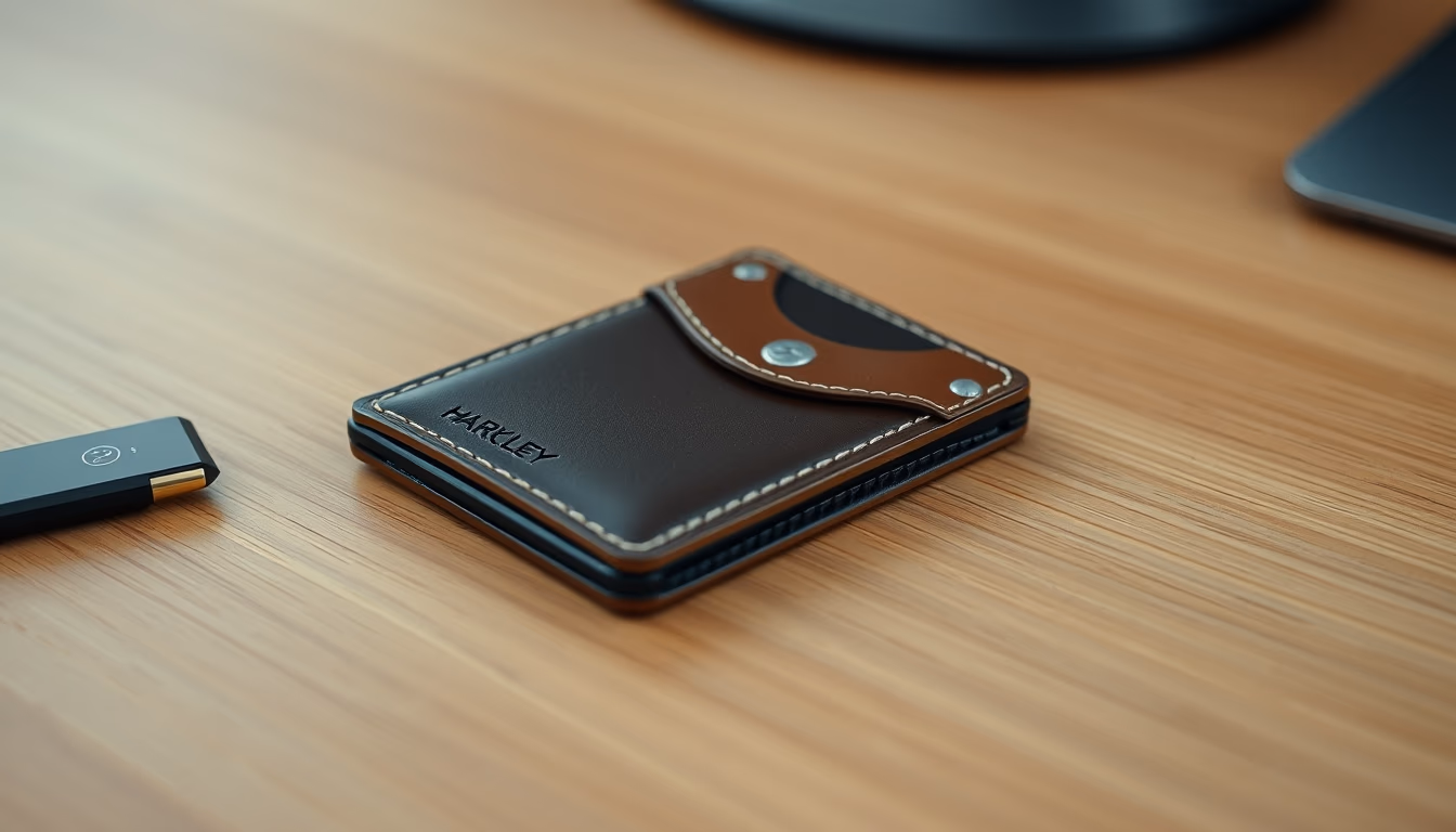 Hardware wallet on wooden desk closeup em estilo editorial