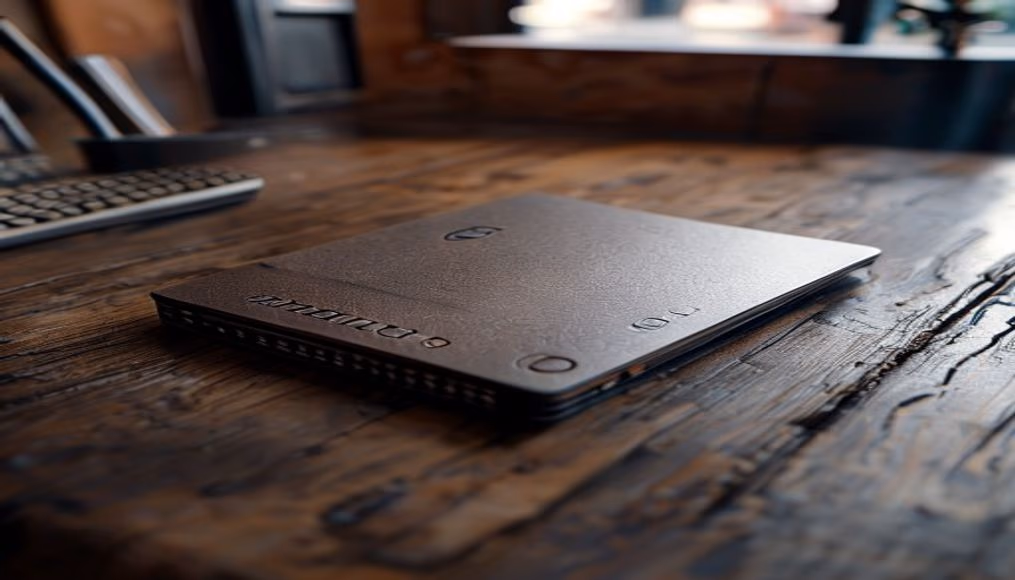 hardware wallet on wooden desk closeup in editorial style