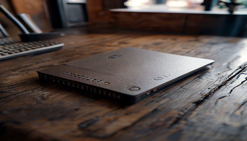 hardware wallet on wooden desk closeup in editorial style