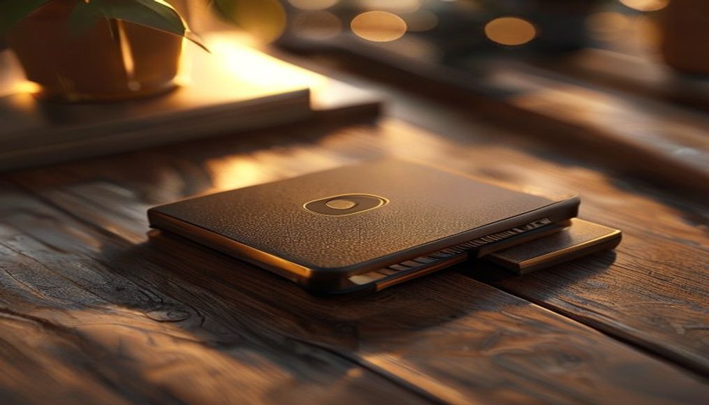 hardware wallet on wooden desk closeup in editorial style