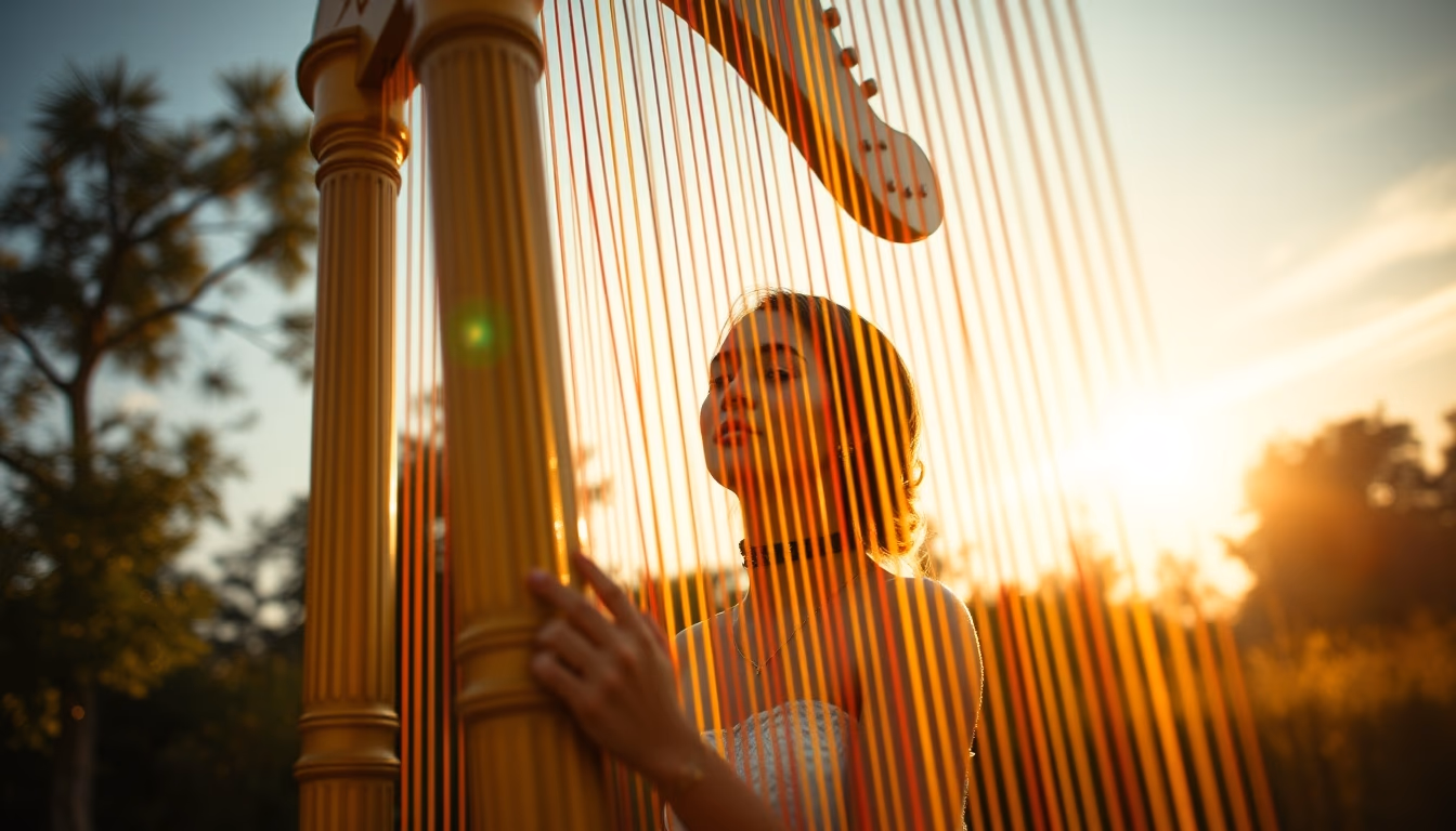 harp golden frame strings in editorial style