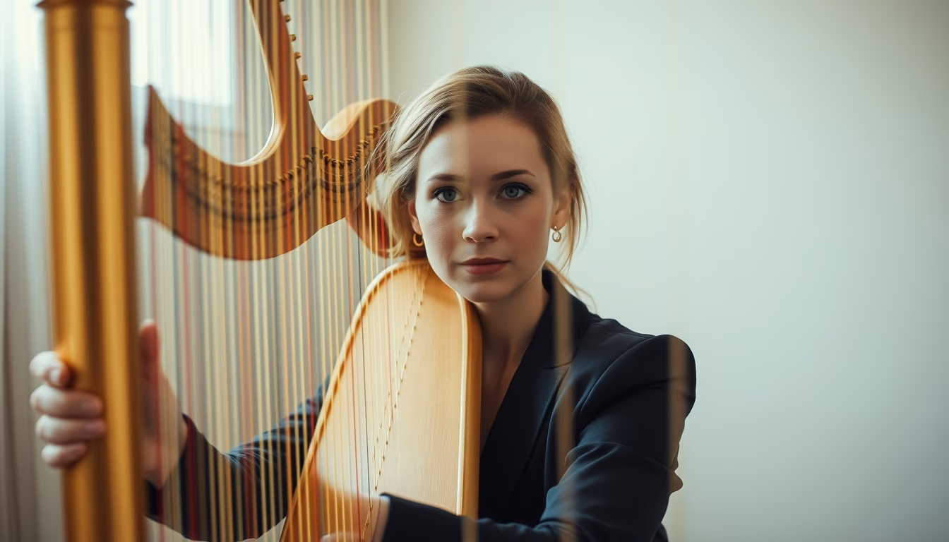 harp golden frame strings in editorial style