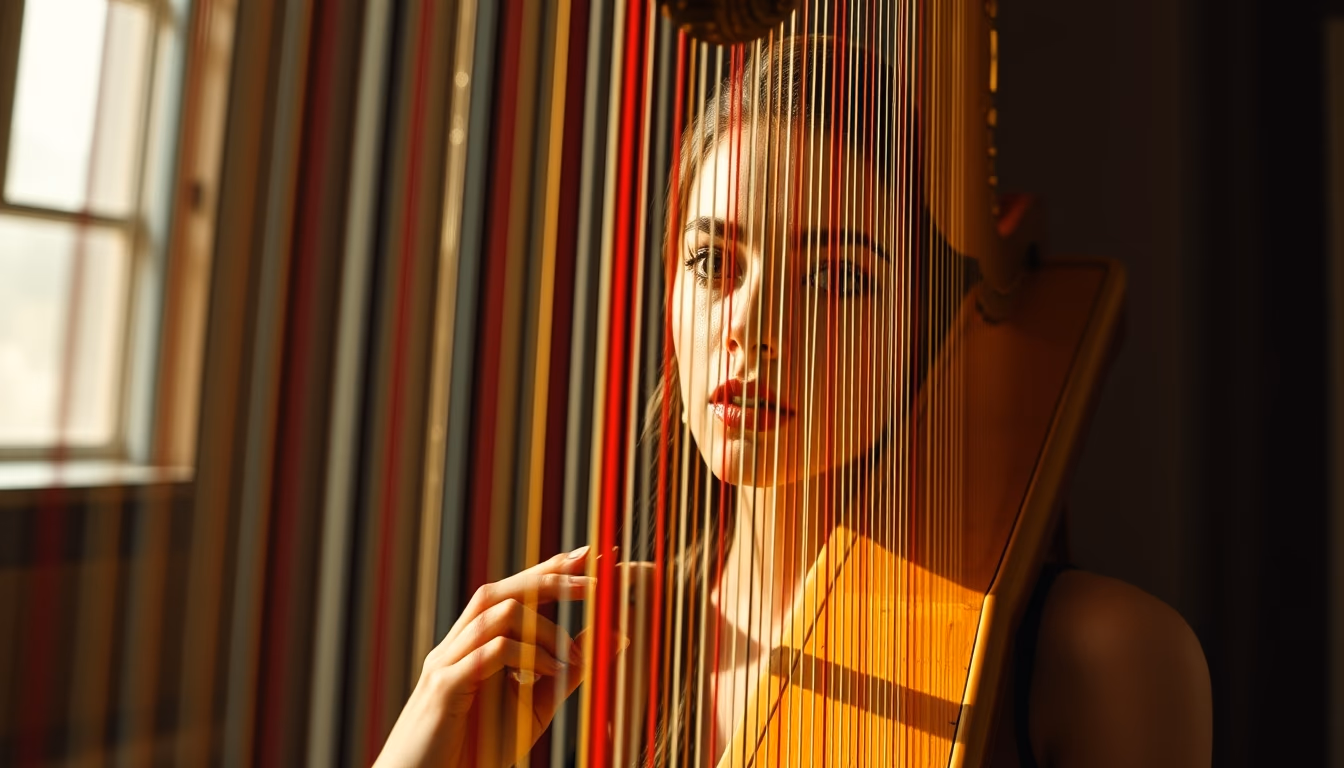 harp golden frame strings in editorial style