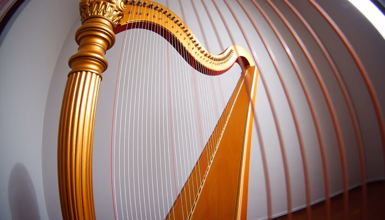 harp golden frame strings in editorial style